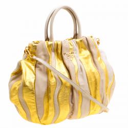 Pre Owned Prada Beige/Gold Stripe Leather Hobo