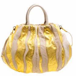 Pre Owned Prada Beige/Gold Stripe Leather Hobo