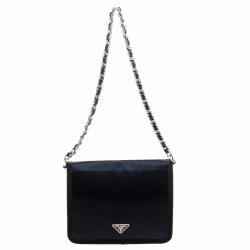 Pre Owned Prada Navy Blue Satin Chain Clutch