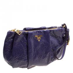 Pre Owned Prada Iris Naplak Patent Leather Pleated Wristlet Clutch