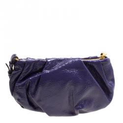 Pre Owned Prada Iris Naplak Patent Leather Pleated Wristlet Clutch