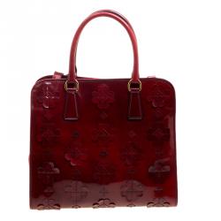 Pre Owned Prada Red Patent Leather Floral Framed Top Handle Bag