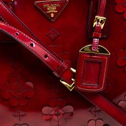 Pre Owned Prada Red Patent Leather Floral Framed Top Handle Bag