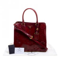 Pre Owned Prada Red Patent Leather Floral Framed Top Handle Bag