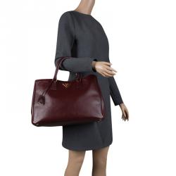 Pre Owned Prada Burgundy Saffiano Lux Leather Large Gardener's Tote