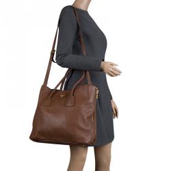 Pre Owned Prada Brown Vitello Daino Leather Side Zip Tote