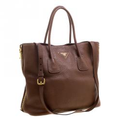 Pre Owned Prada Brown Vitello Daino Leather Side Zip Tote
