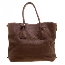 Pre Owned Prada Brown Vitello Daino Leather Side Zip Tote