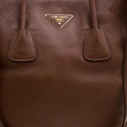 Pre Owned Prada Brown Vitello Daino Leather Side Zip Tote