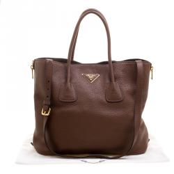 Pre Owned Prada Brown Vitello Daino Leather Side Zip Tote