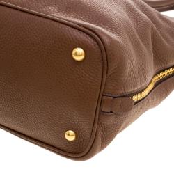 Pre Owned Prada Brown Vitello Daino Leather Side Zip Tote