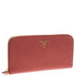 Pre Owned Prada Peach Saffiano Metal Leather Zip Around Wallet