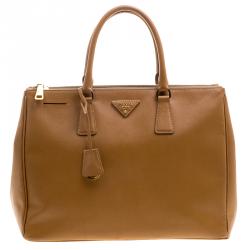 Pre Owned Prada Caramel Saffiano Lux Leather Large Double Zip Tote