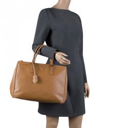 Pre Owned Prada Caramel Saffiano Lux Leather Large Double Zip Tote