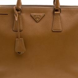 Pre Owned Prada Caramel Saffiano Lux Leather Large Double Zip Tote