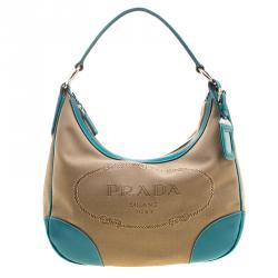 Pre Owned Prada Beige/Turquoise  Canvas and Leather Hobo