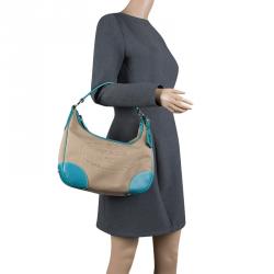 Pre Owned Prada Beige/Turquoise  Canvas and Leather Hobo