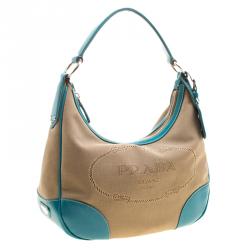 Pre Owned Prada Beige/Turquoise  Canvas and Leather Hobo