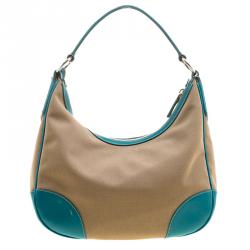 Pre Owned Prada Beige/Turquoise  Canvas and Leather Hobo