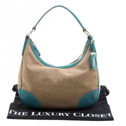 Pre Owned Prada Beige/Turquoise  Canvas and Leather Hobo