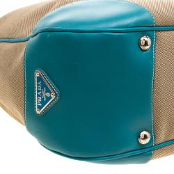 Pre Owned Prada Beige/Turquoise  Canvas and Leather Hobo