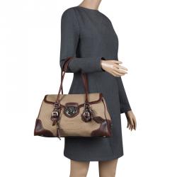 Pre Owned Prada Beige/Brown Canvas and Leather Push Lock Satchel