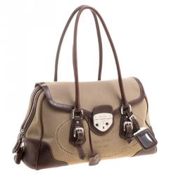 Pre Owned Prada Beige/Brown Canvas and Leather Push Lock Satchel