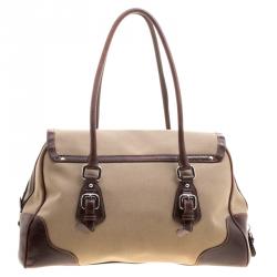 Pre Owned Prada Beige/Brown Canvas and Leather Push Lock Satchel