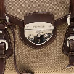Pre Owned Prada Beige/Brown Canvas and Leather Push Lock Satchel