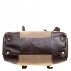 Pre Owned Prada Beige/Brown Canvas and Leather Push Lock Satchel
