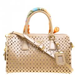 Prada Beige Perforated Patent Leather Bowling Bag