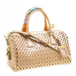 Prada Beige Perforated Patent Leather Bowling Bag