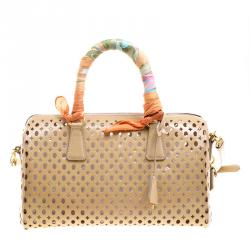 Prada Beige Perforated Patent Leather Bowling Bag