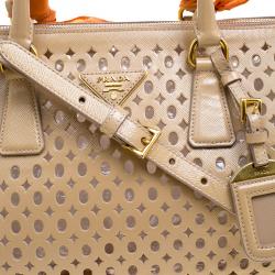 Prada Beige Perforated Patent Leather Bowling Bag