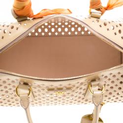 Prada Beige Perforated Patent Leather Bowling Bag