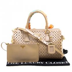 Prada Beige Perforated Patent Leather Bowling Bag
