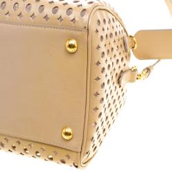 Prada Beige Perforated Patent Leather Bowling Bag