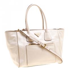 Pre Owned Prada Off White Vitello Leather Phenix Front Pocket Tote