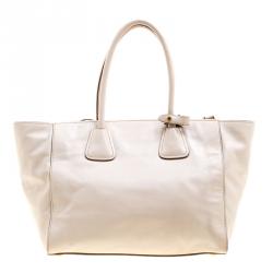 Pre Owned Prada Off White Vitello Leather Phenix Front Pocket Tote