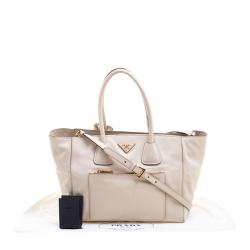 Pre Owned Prada Off White Vitello Leather Phenix Front Pocket Tote