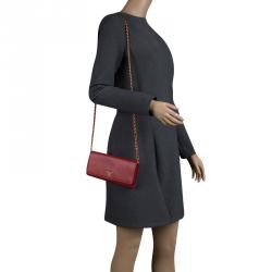 Pre Owned Prada Red Saffiano Metal Leather Wallet on Chain