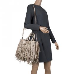 Pre Owned Prada Beige Leather Fringe Tote