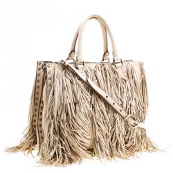 Pre Owned Prada Beige Leather Fringe Tote