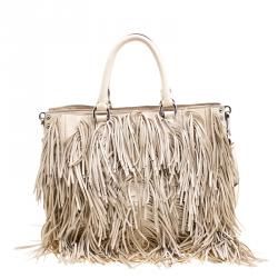 Pre Owned Prada Beige Leather Fringe Tote