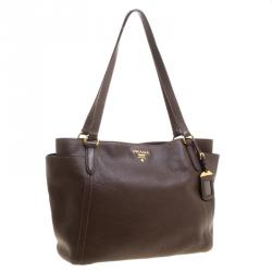 Pre Owned Prada Brown Vitello Daino Leather Shopper Tote