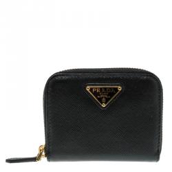 Pre Owned Prada Black Saffiano Leather Zip Around Compact Wallet