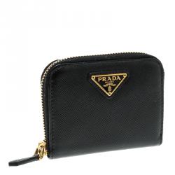 Pre Owned Prada Black Saffiano Leather Zip Around Compact Wallet