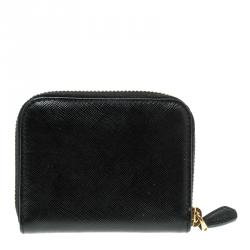 Pre Owned Prada Black Saffiano Leather Zip Around Compact Wallet