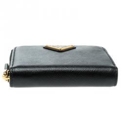 Pre Owned Prada Black Saffiano Leather Zip Around Compact Wallet