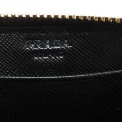 Pre Owned Prada Black Saffiano Leather Zip Around Compact Wallet